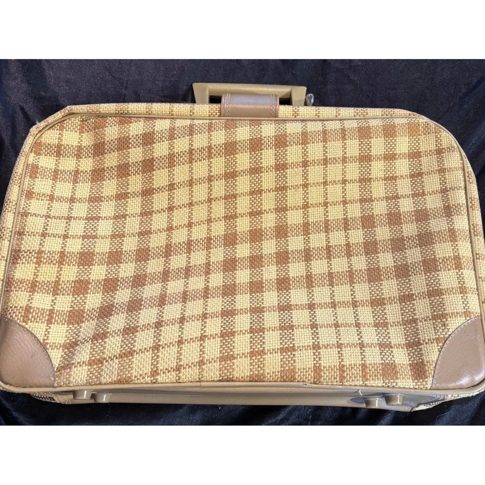Vintage Plaid Suitcase Tan Yellow Woven Carry On Luggage Made Japan Mid Century